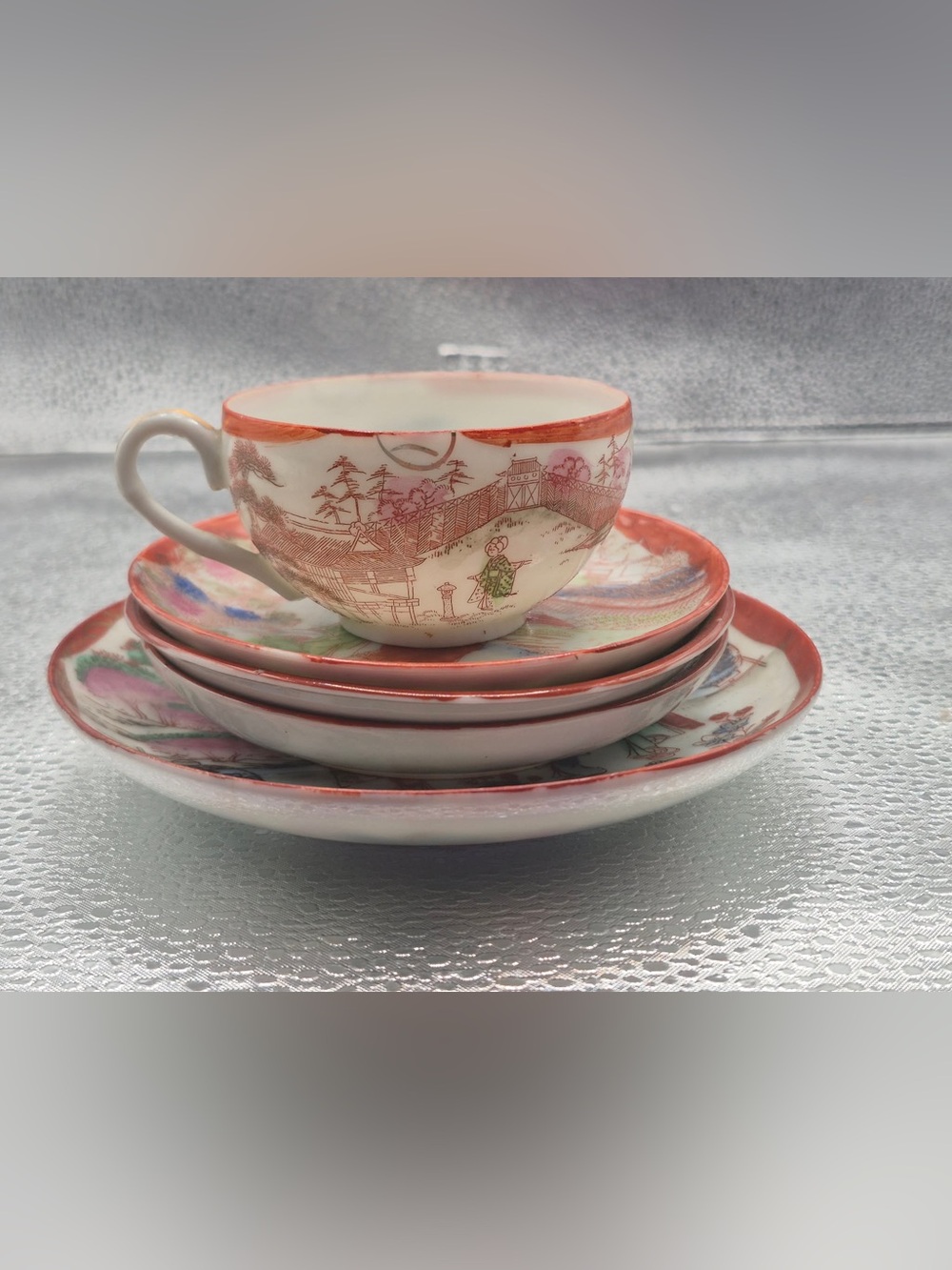 Antique ‘Geishaware’ Porcelain Tea Cup, Saucers Hand-painted Geisha Garden Japan